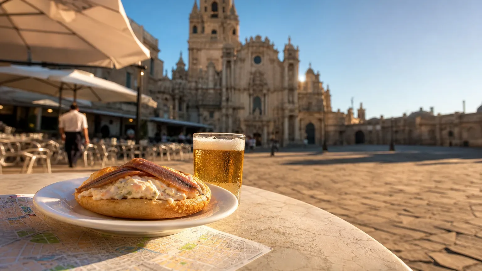 Catedral de Múrcia e a Plaza del Cardenal Belluga com pedestres e cafés ao ar livre ao entardecer