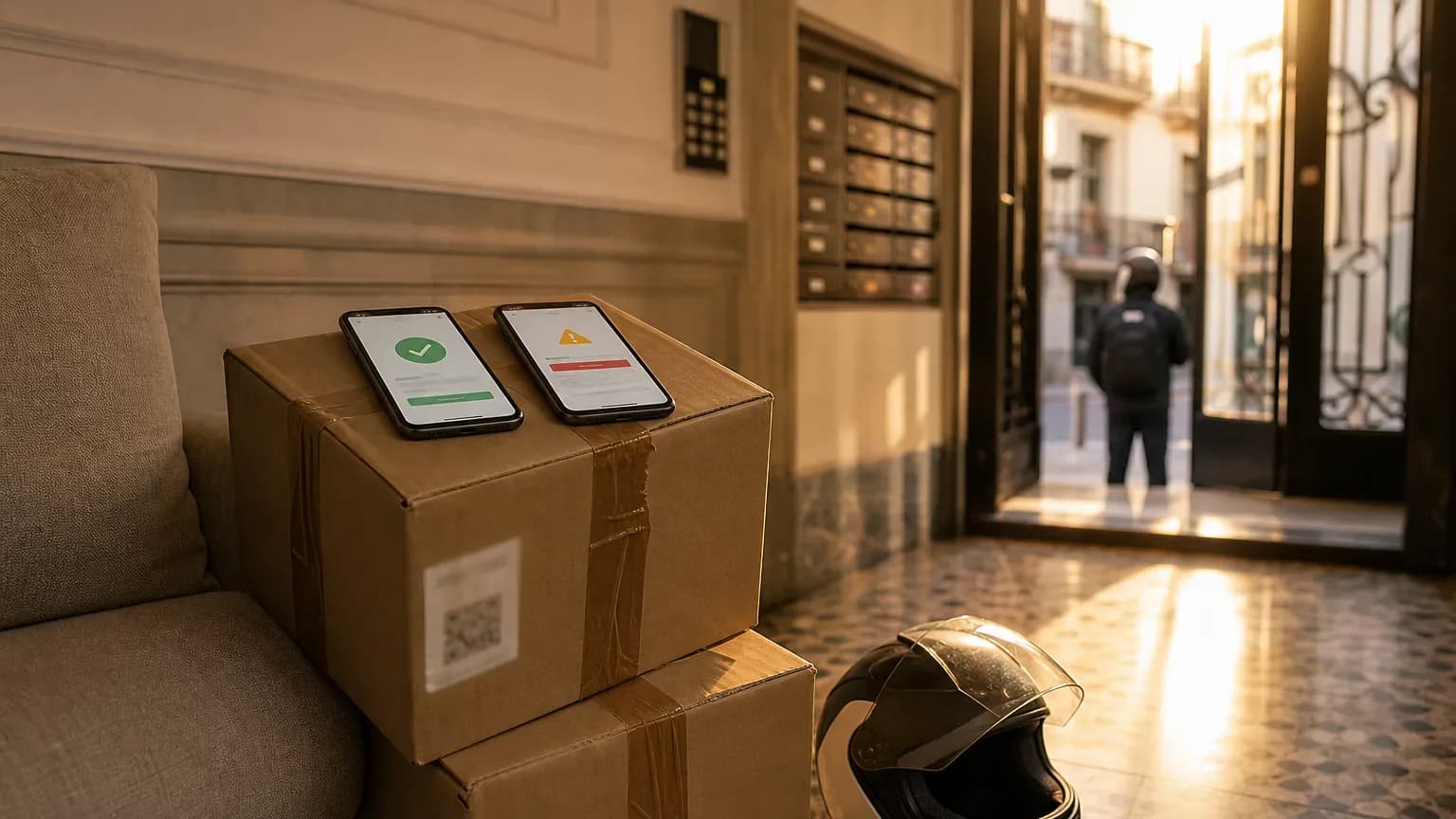 Vendedora confere o recebimento do Pix no celular enquanto um comprador mostra o comprovante ao retirar um sofá no hall do prédio.