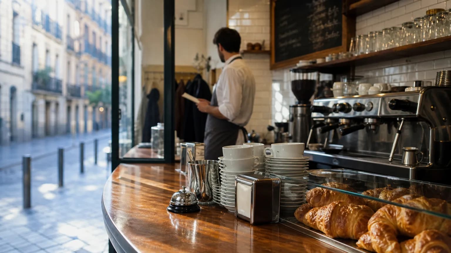 Garçom atendendo no balcão de um bar em Madrid com cardápio de lousa e clientes na fila