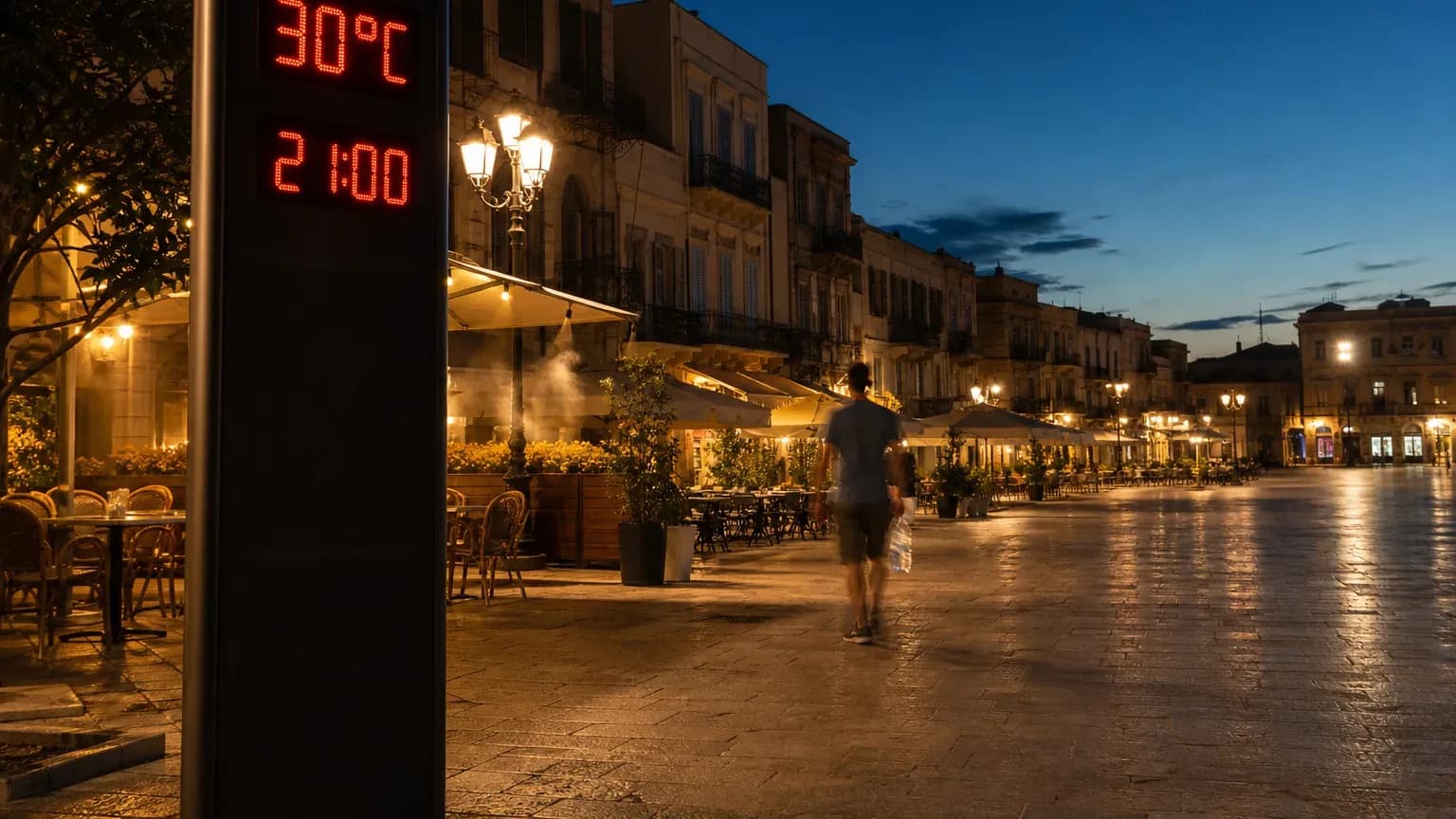 Noite quente de agosto na Europa com termômetro de rua marcando 30°C e mesas ao ar livre lotadas.