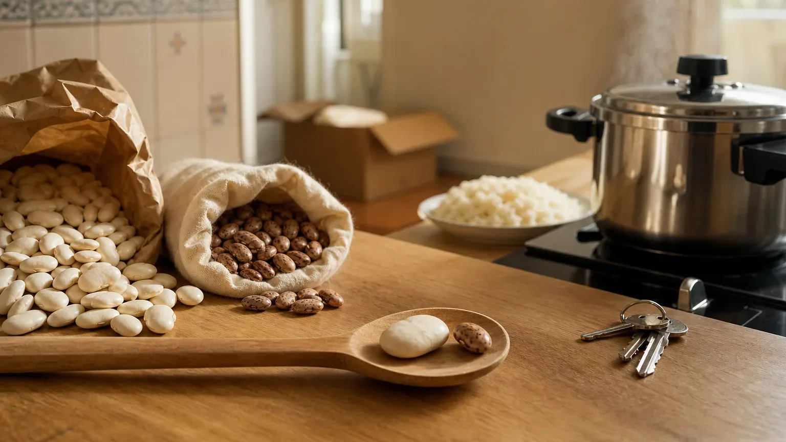 Comparação entre judión gigante e feijão brasileiro ao lado de panela de pressão em cozinha na Espanha