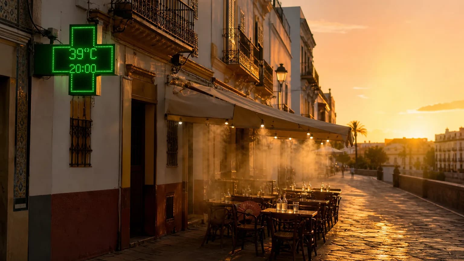 Termômetro de rua marcando 39°C às 20h em uma rua movimentada de bares na Espanha durante o verão.