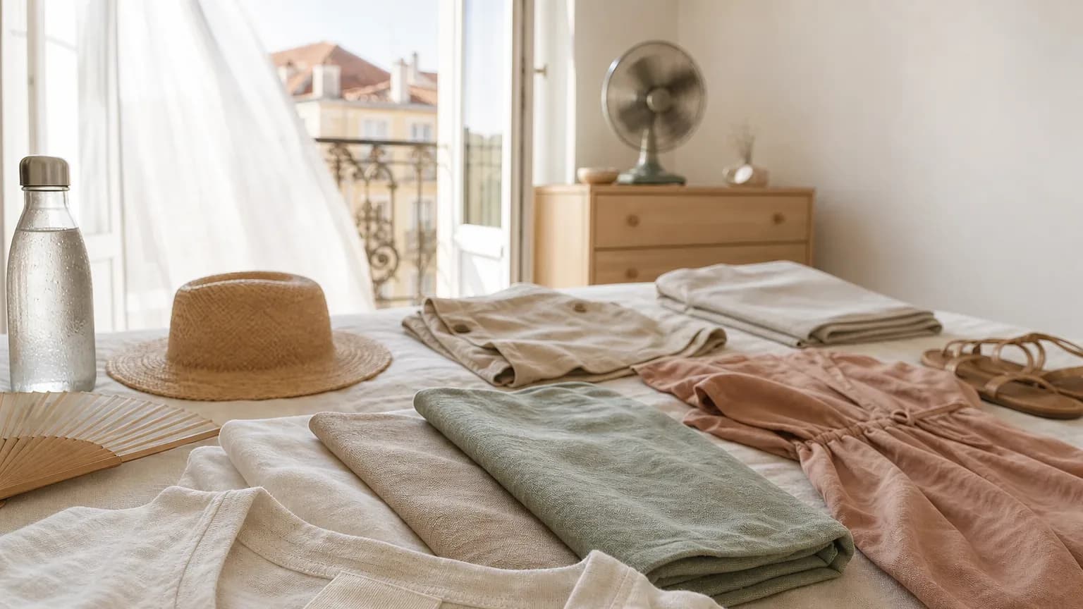 Roupas leves de linho e algodão separadas para viajar pela Europa em agosto