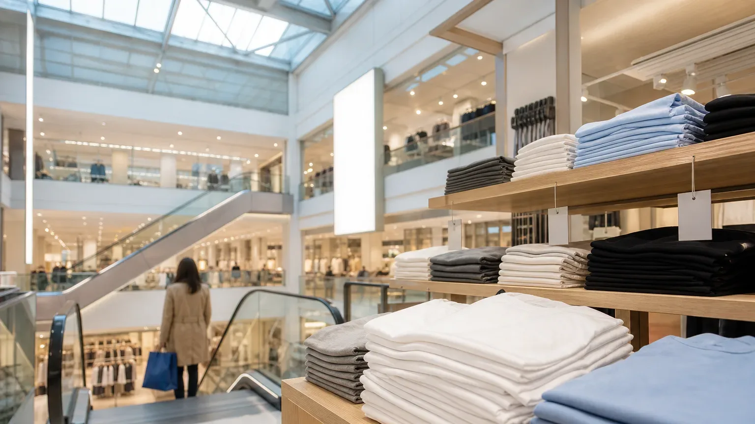 Átrio da Primark Gran Vía em Madrid com escadas rolantes, painéis luminosos e mesas cheias de roupas com etiquetas de preço.