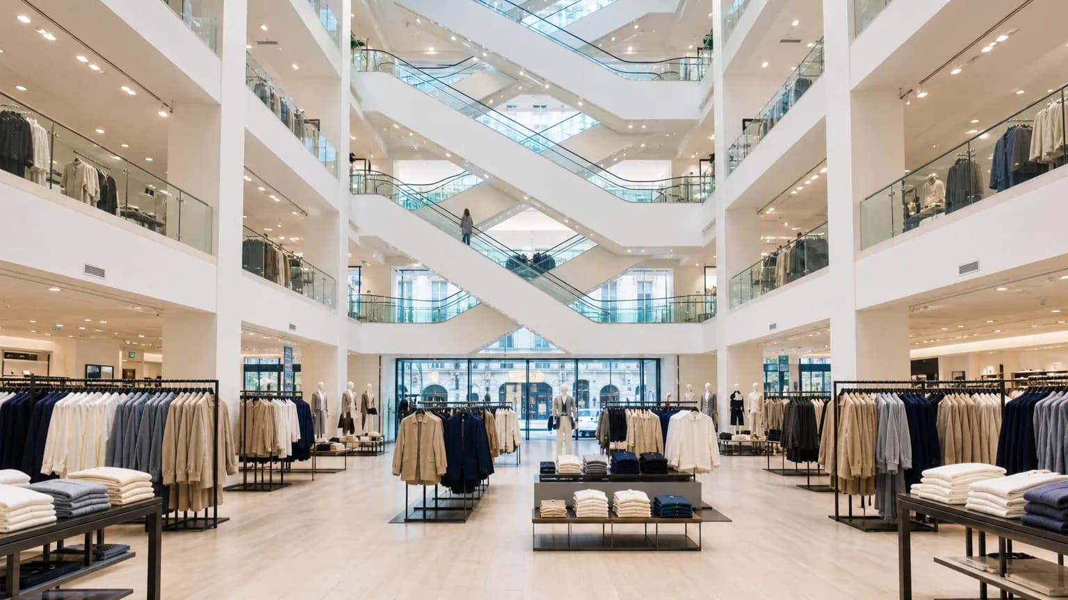 Interior amplo da Primark da Gran Vía em Madrid com escadas rolantes e araras de roupas